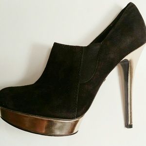 Rachel Roy black Suede booties rose gold heels